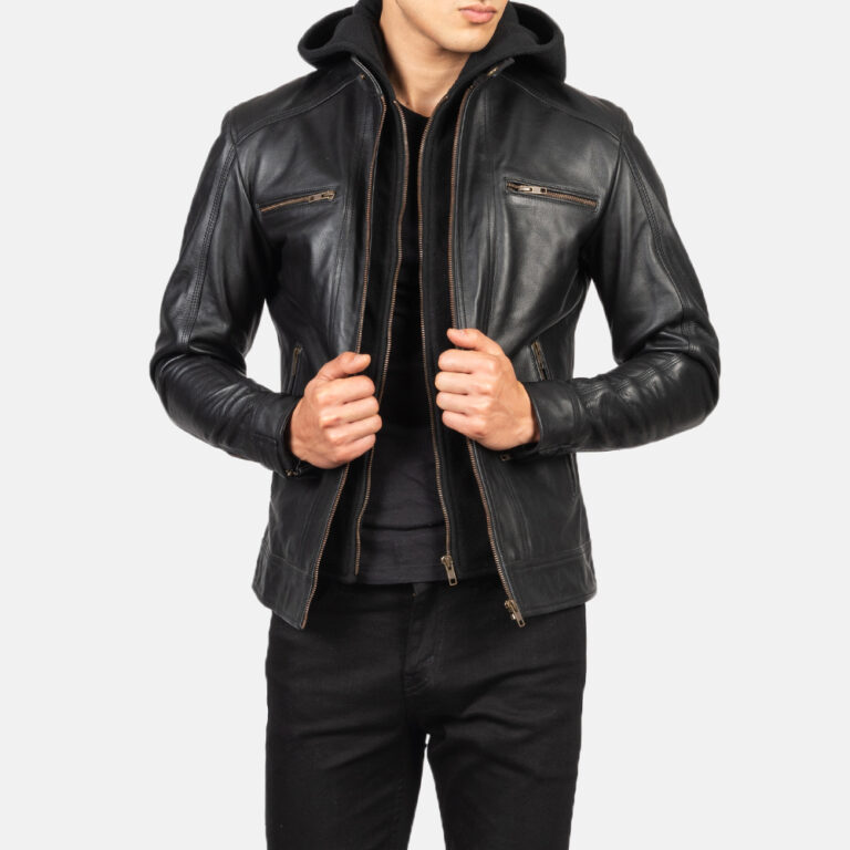 Mens Hector Black Hooded Leather Biker Jacket Open Front-4-1634128480640